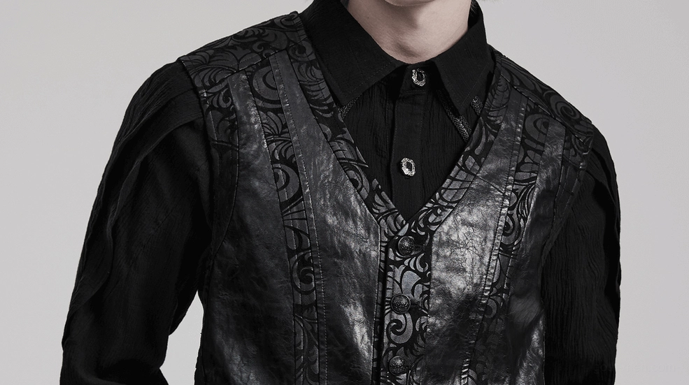 Black gothic waistcoat layering shot showing texture rubberized suede and leather material