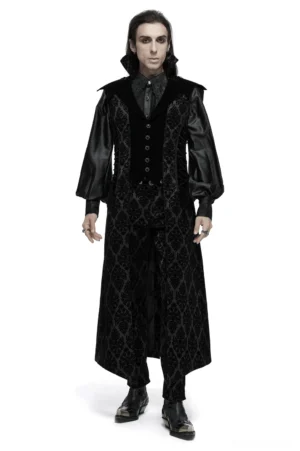 Black gothic stand collar waistcoat with velvet details and damask pattern worn by male model in front full-body view