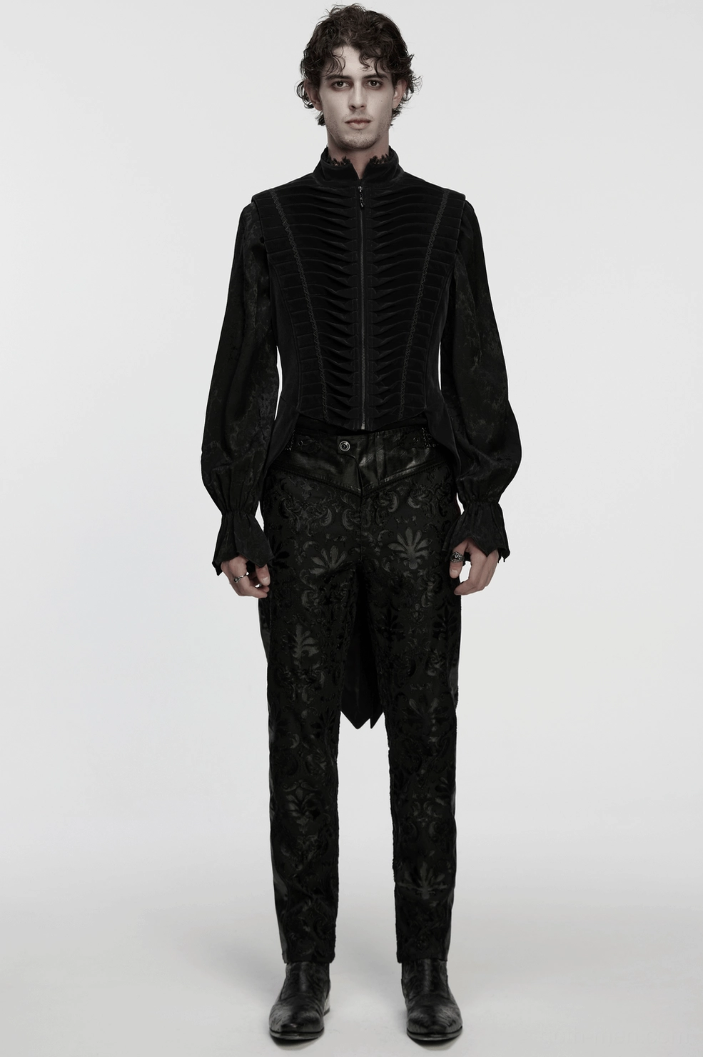 Black gothic waistcoat showing texture and fabric quality of premium weft velvet