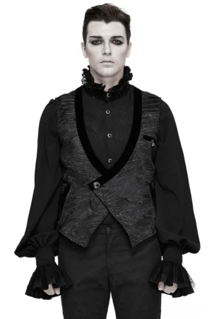 Black gothic waistcoat for men front view with velvet collar trim and single button closure, worn by male model
