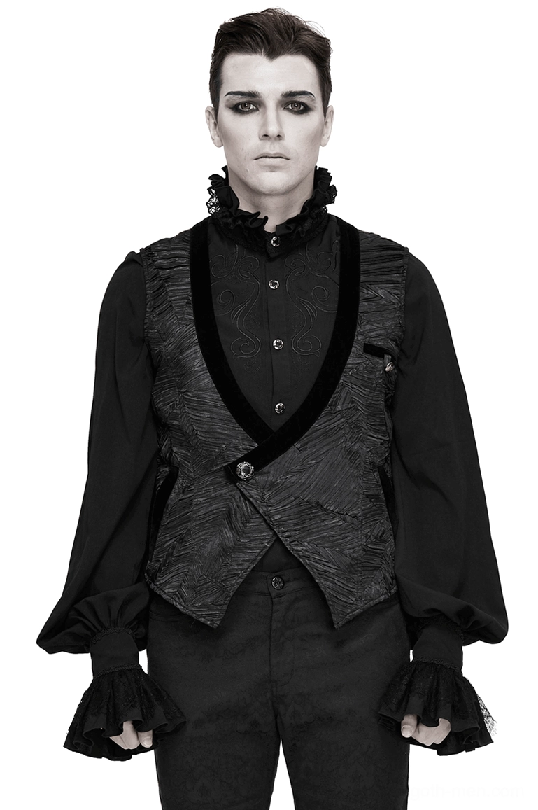 Black gothic waistcoat for men front view with velvet collar trim and single button closure, worn by male model
