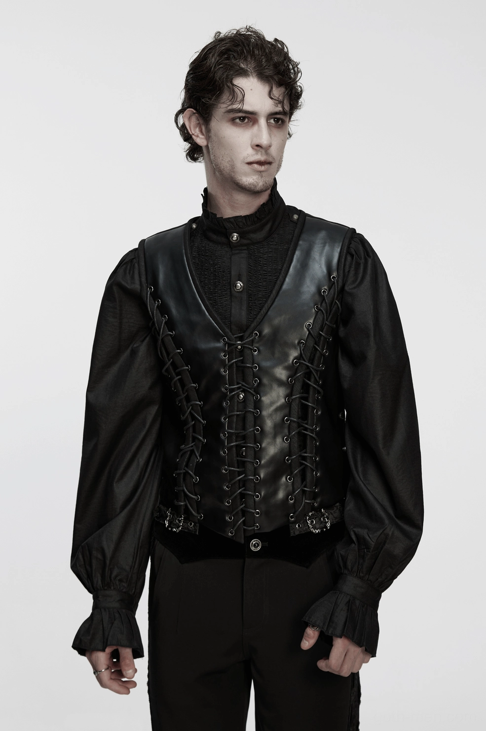 Black gothic waistcoat worn styling view showing architectural silhouette and fit