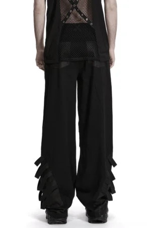 Black gothic wide-leg pants rear view showing back waist X-buckle and fringe hem