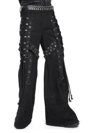 Black gothic wide leg pants with lace-up grommet straps and mesh panels - front oblique view