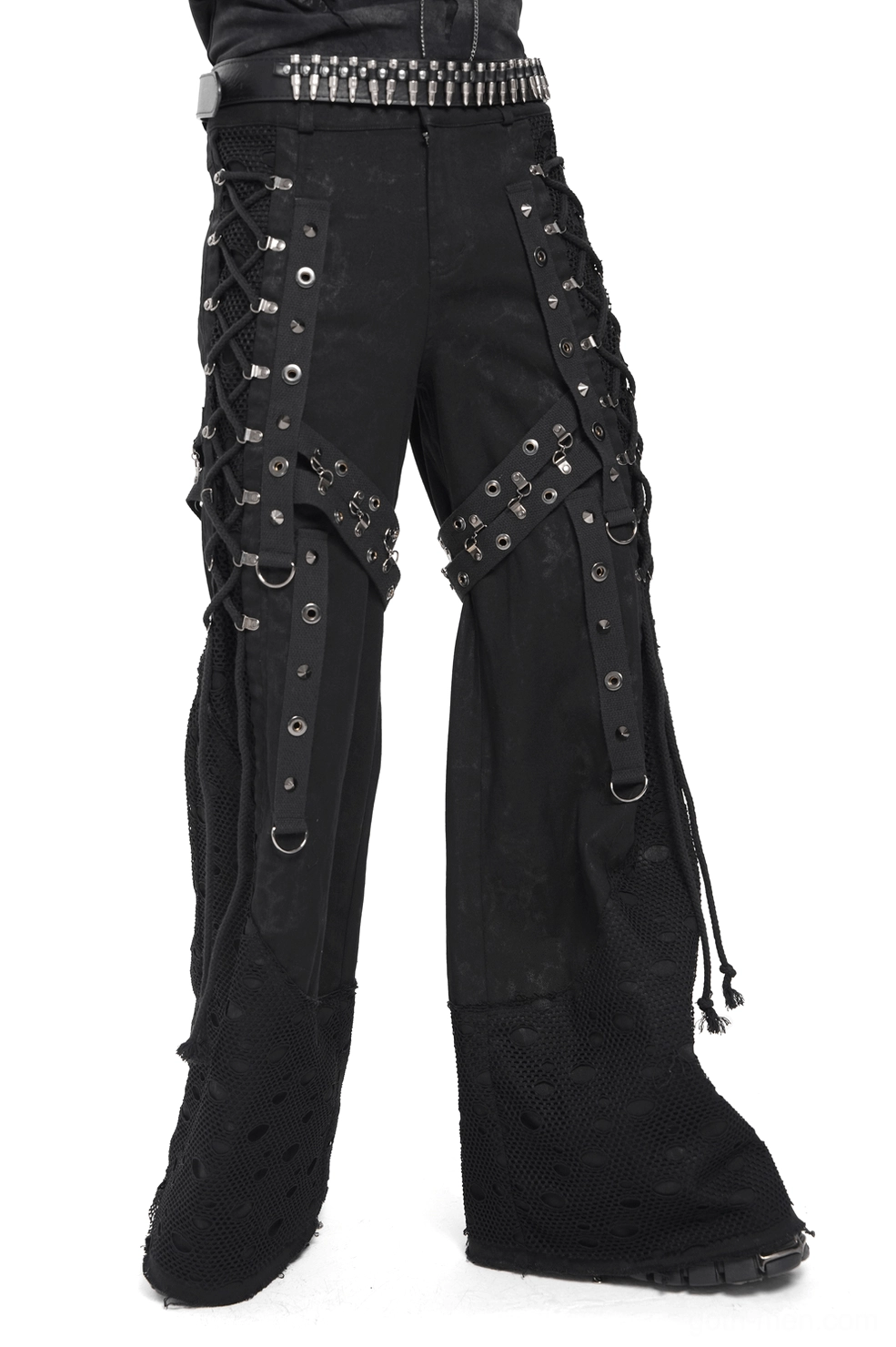 Black gothic wide leg pants with lace-up grommet straps and mesh panels - front oblique view
