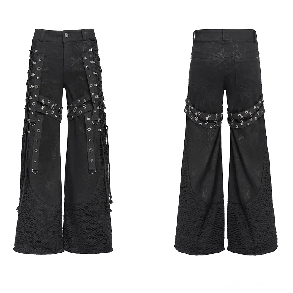 Black gothic wide leg pants with lace-up grommet details and distressed mesh hems - front view