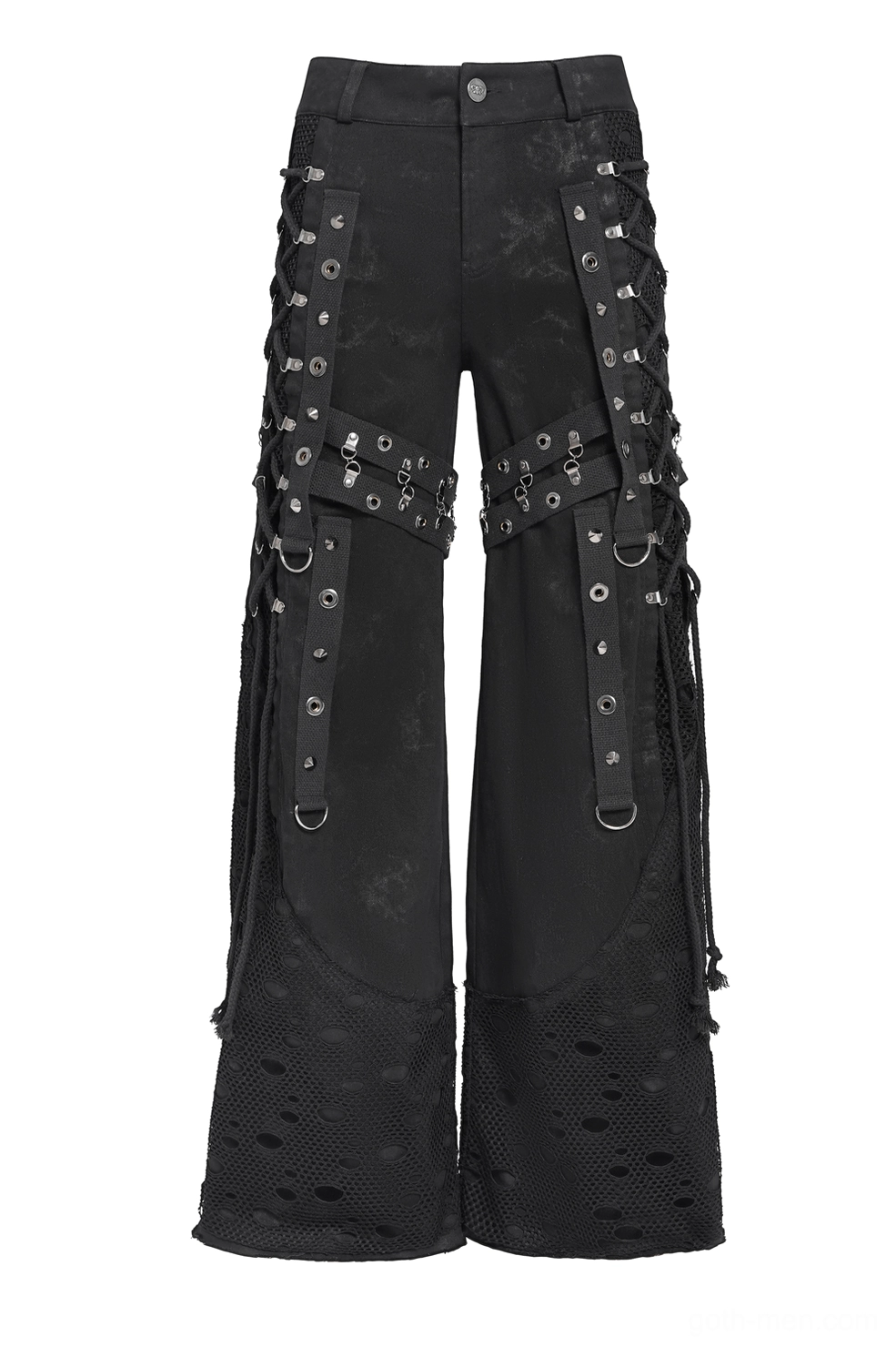 Black gothic punk wide leg pants with lace-up side panels and mesh flared hems - front view
