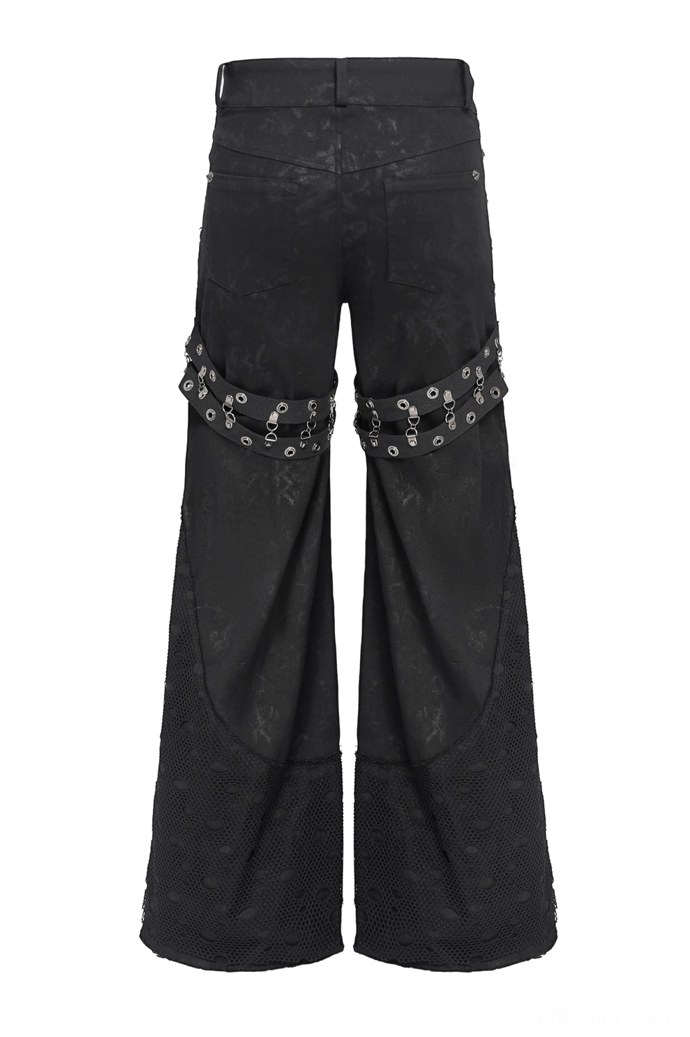 Black gothic wide leg pants with thigh grommet straps and dramatic wide leg silhouette - rear view