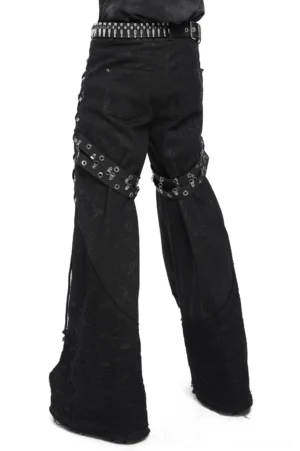 Black gothic punk pants with thigh grommet straps and flared mesh cuffs - rear view