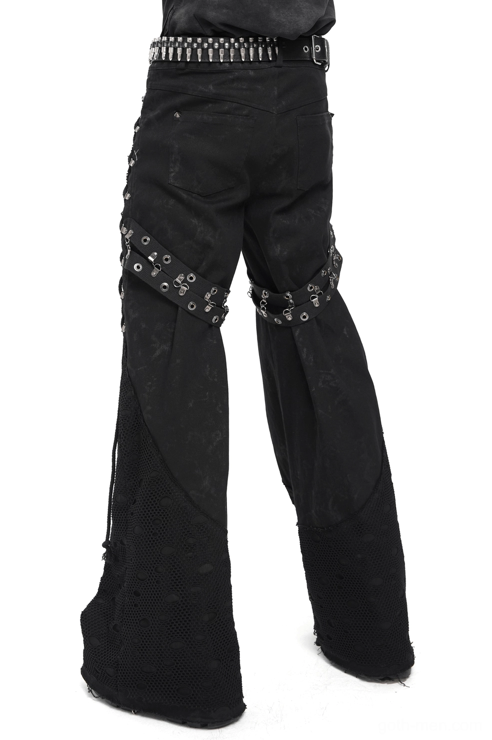 Black gothic punk pants with thigh grommet straps and flared mesh cuffs - rear view
