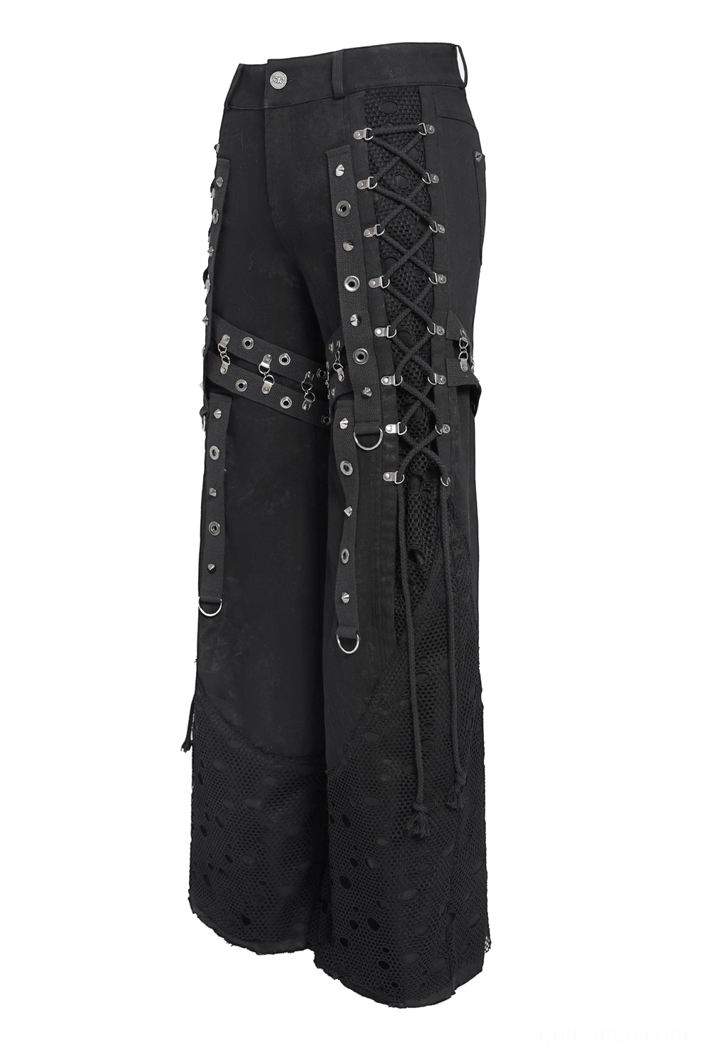Black gothic wide leg pants with vertical lace-up straps and grommet hardware - side view