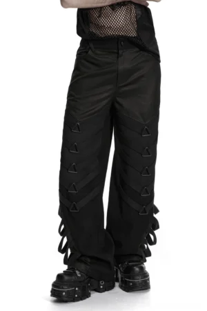 Black gothic wide-leg pants with triangle buckles front three-quarter view studio