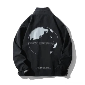 Black gothic windbreaker jacket with Earth graphic print, back overhead view, oversized unisex fit