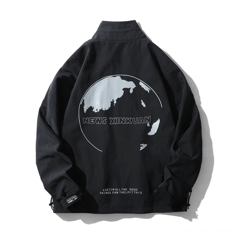 Black gothic windbreaker jacket with Earth graphic print, back overhead view, oversized unisex fit