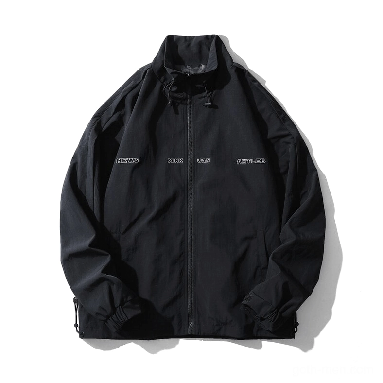 Black gothic windbreaker jacket front view, full zipper closure, stand collar, unisex oversized silhouette