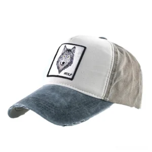 Black washed denim gothic wolf embroidery baseball cap with distressed brim and metal buckle adjustable strap