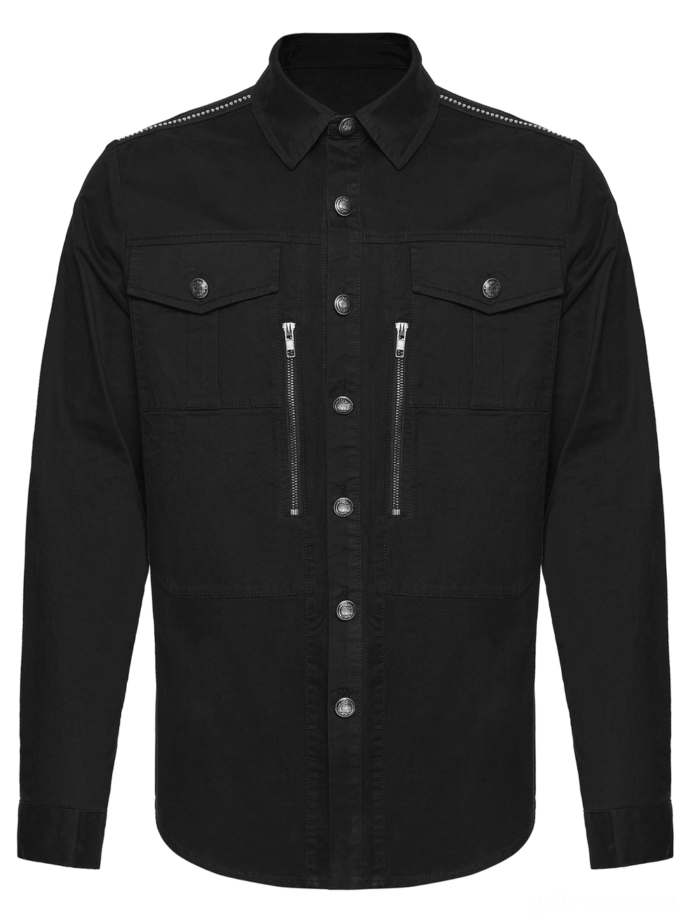 Black gothic industrial workwear shirt front view displaying zip pocket construction and pointed collar design