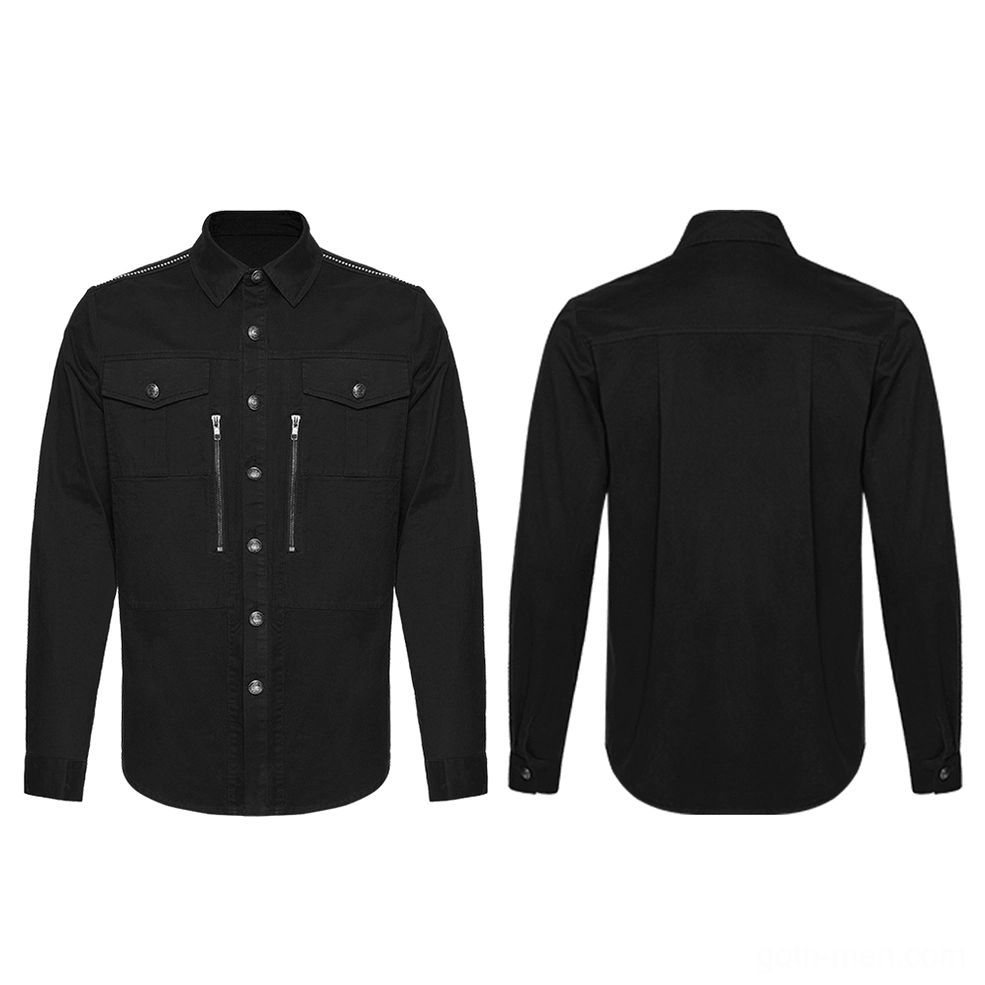 Black gothic workwear shirt flat lay front and rear displaying button placket and dual zip pockets