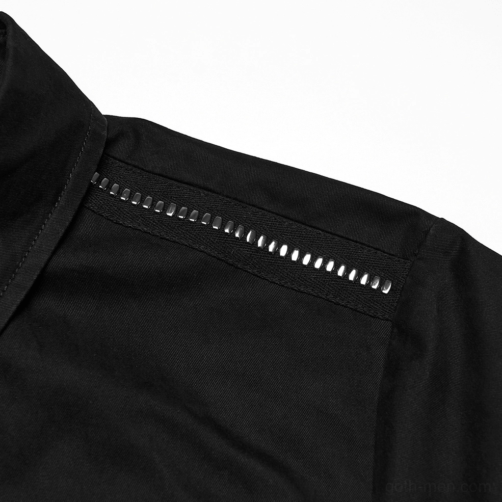 Black gothic workwear shirt front flat lay view highlighting pointed collar and zip pocket details
