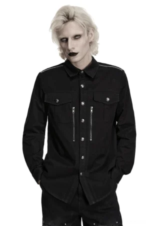 Black gothic workwear shirt front view with metal zip chest pockets and pointed collar, worn by androgynous male model