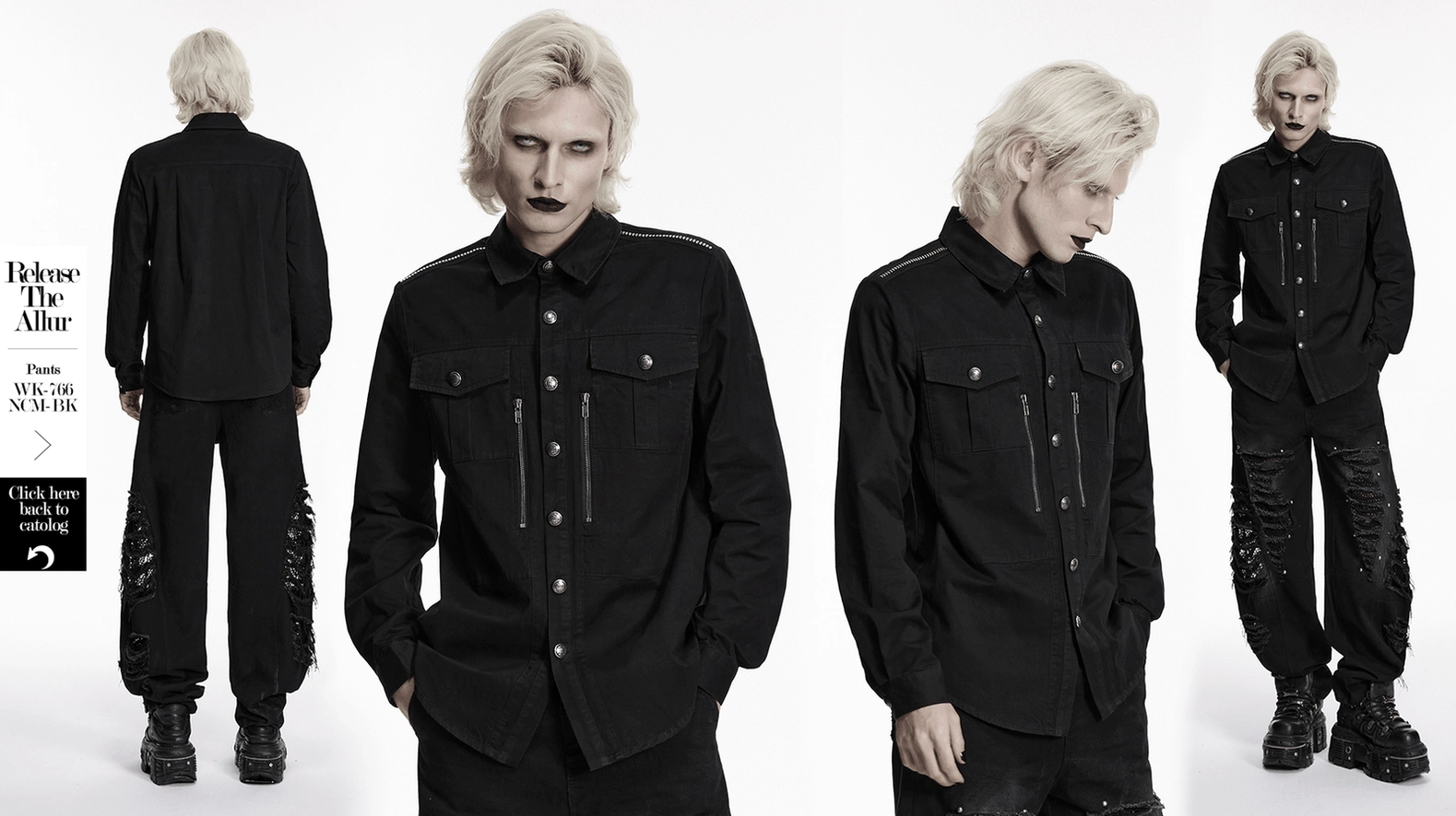 Black gothic workwear shirt full body studio view showing structured fit and metal hardware placement