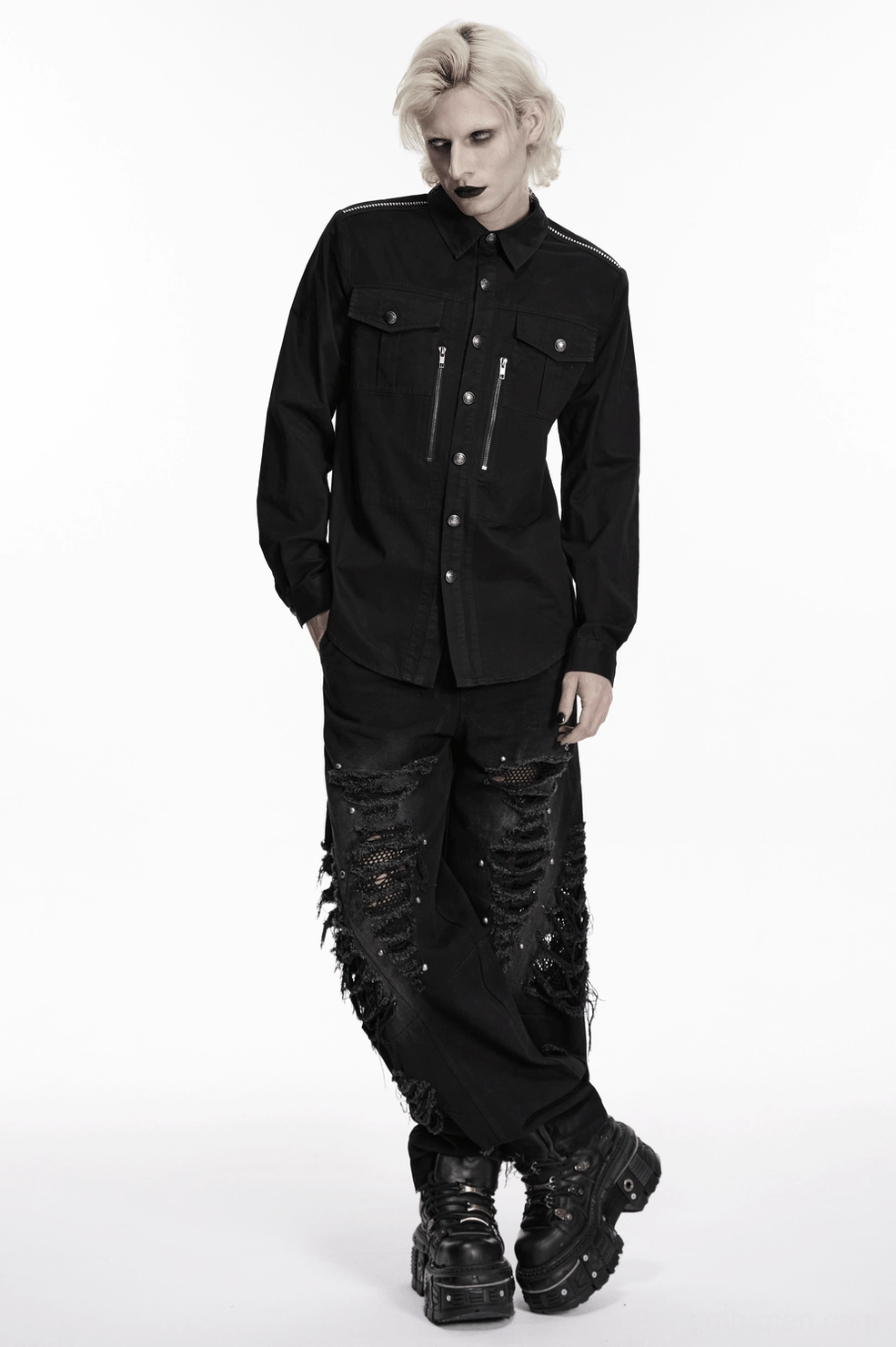 Black gothic workwear shirt full front view with all hardware details and fitted silhouette