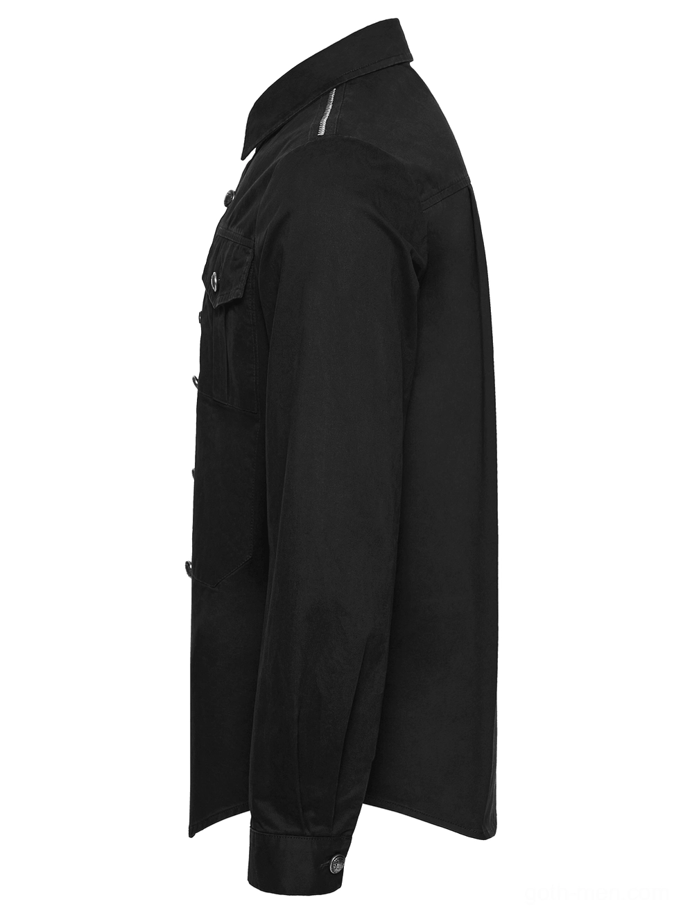 Black gothic workwear shirt detail showcasing metal zipper chest pocket hardware and refined punk aesthetic