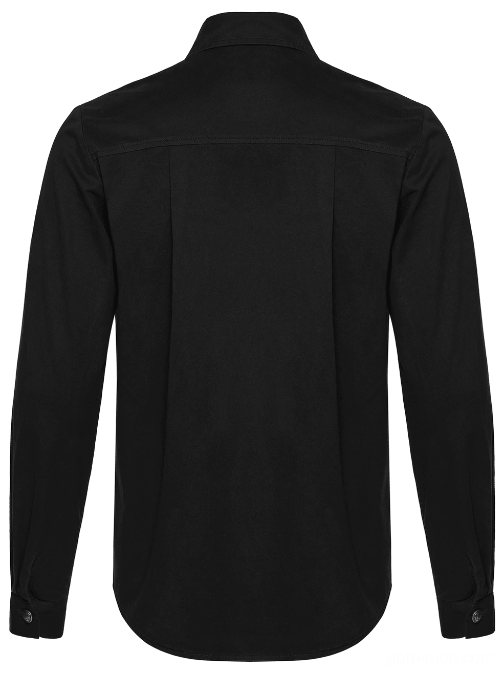 Black gothic workwear shirt rear studio view highlighting clean back seam and tailored construction