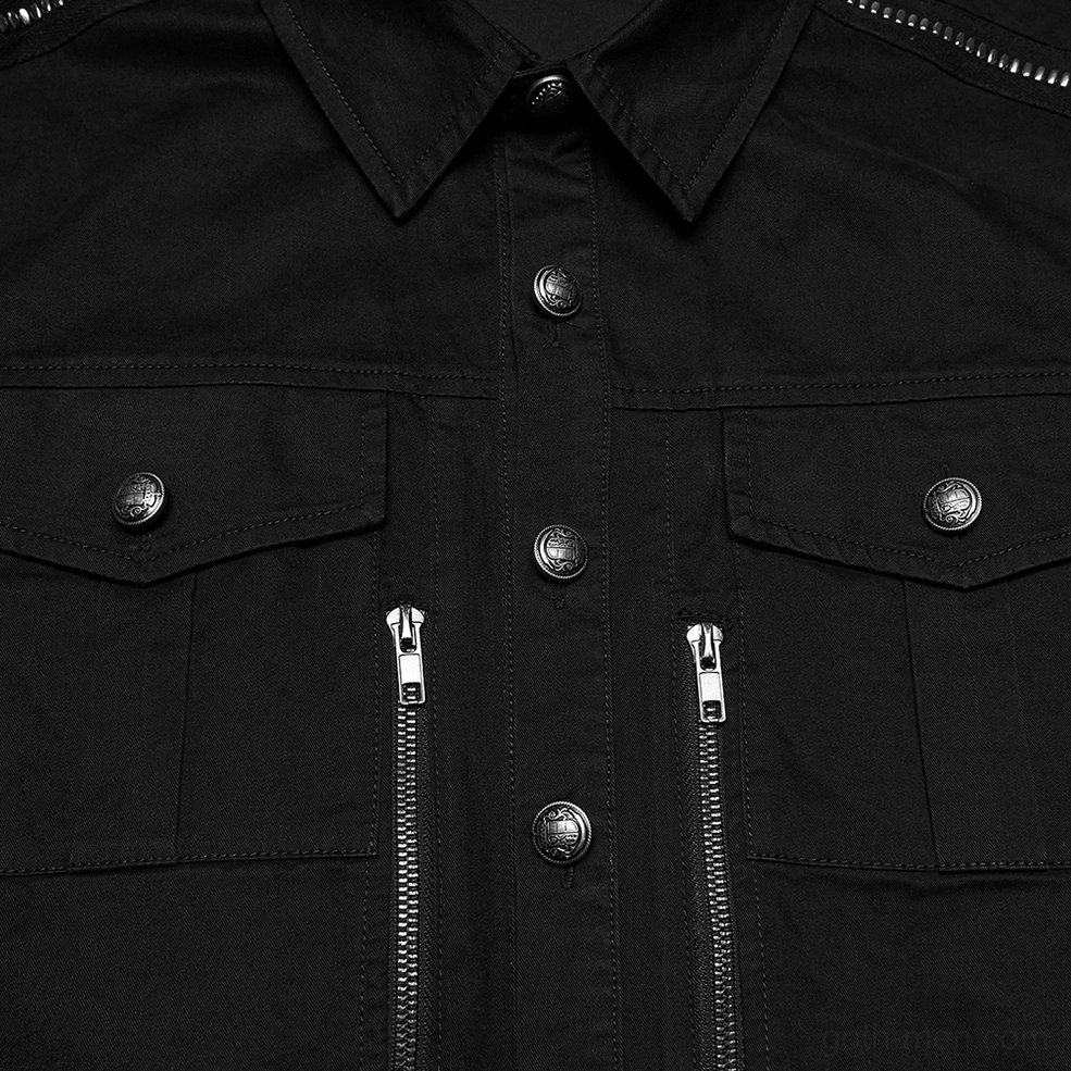 Black gothic workwear shirt side profile showing structured fit and shoulder zip trim accent