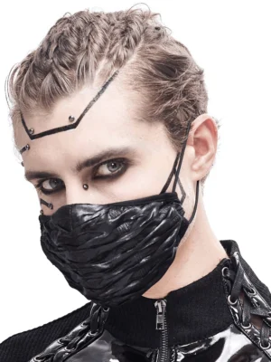 Gothic black wrinkled face mask front close-up on male goth model with metal facial decorations and adjustable cord