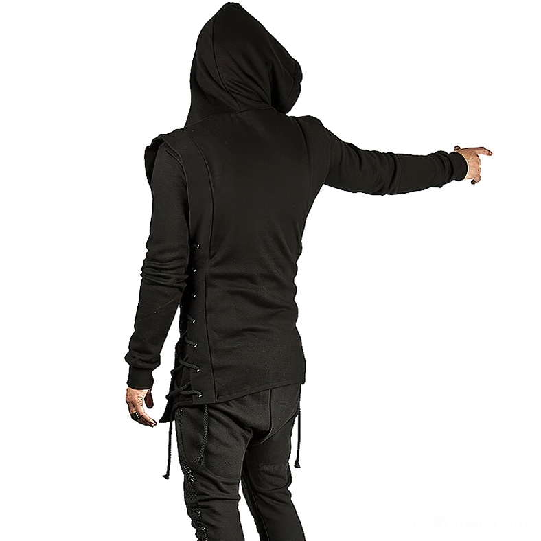 Black gothic slim fit zip coat front flat lay display showing full zipper closure and structured design