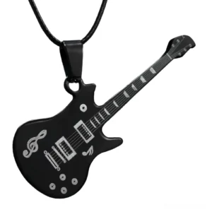 Black stainless steel electric guitar pendant necklace flat lay with treble clef details