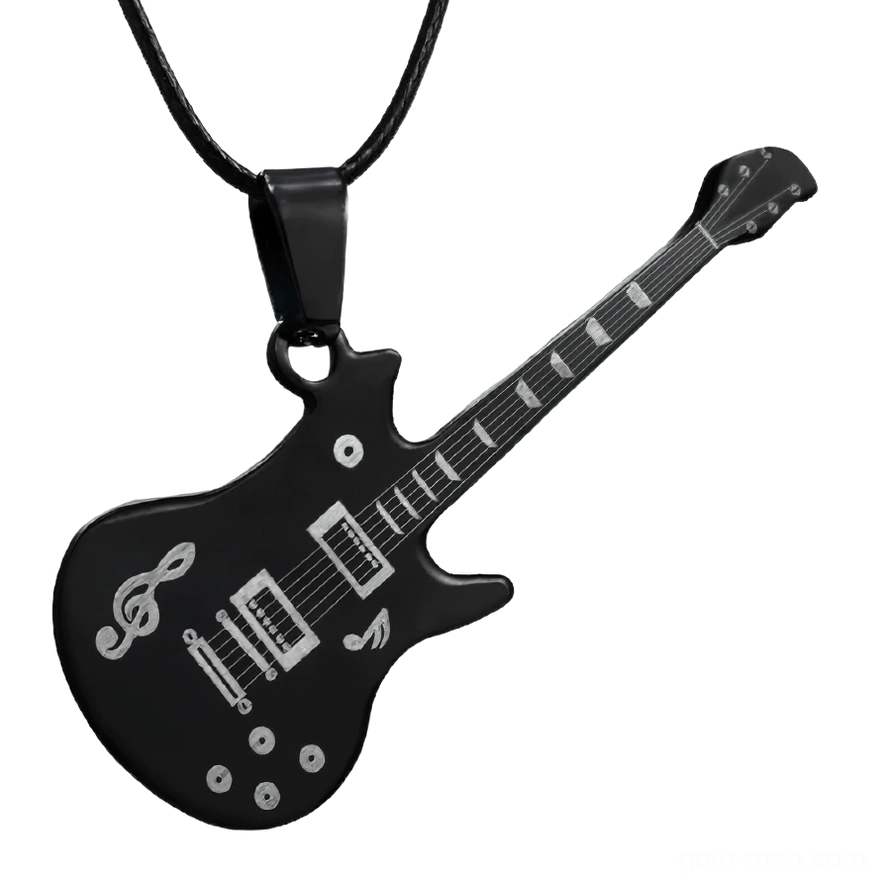 Black stainless steel electric guitar pendant necklace flat lay with treble clef details