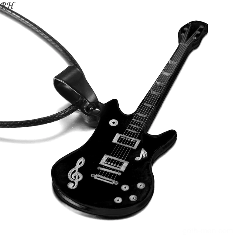 Black electric guitar pendant necklace side view with treble clef and musical note details