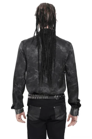 Model back view of asymmetrical PU leather harness gothic shirt with studded belt detailing