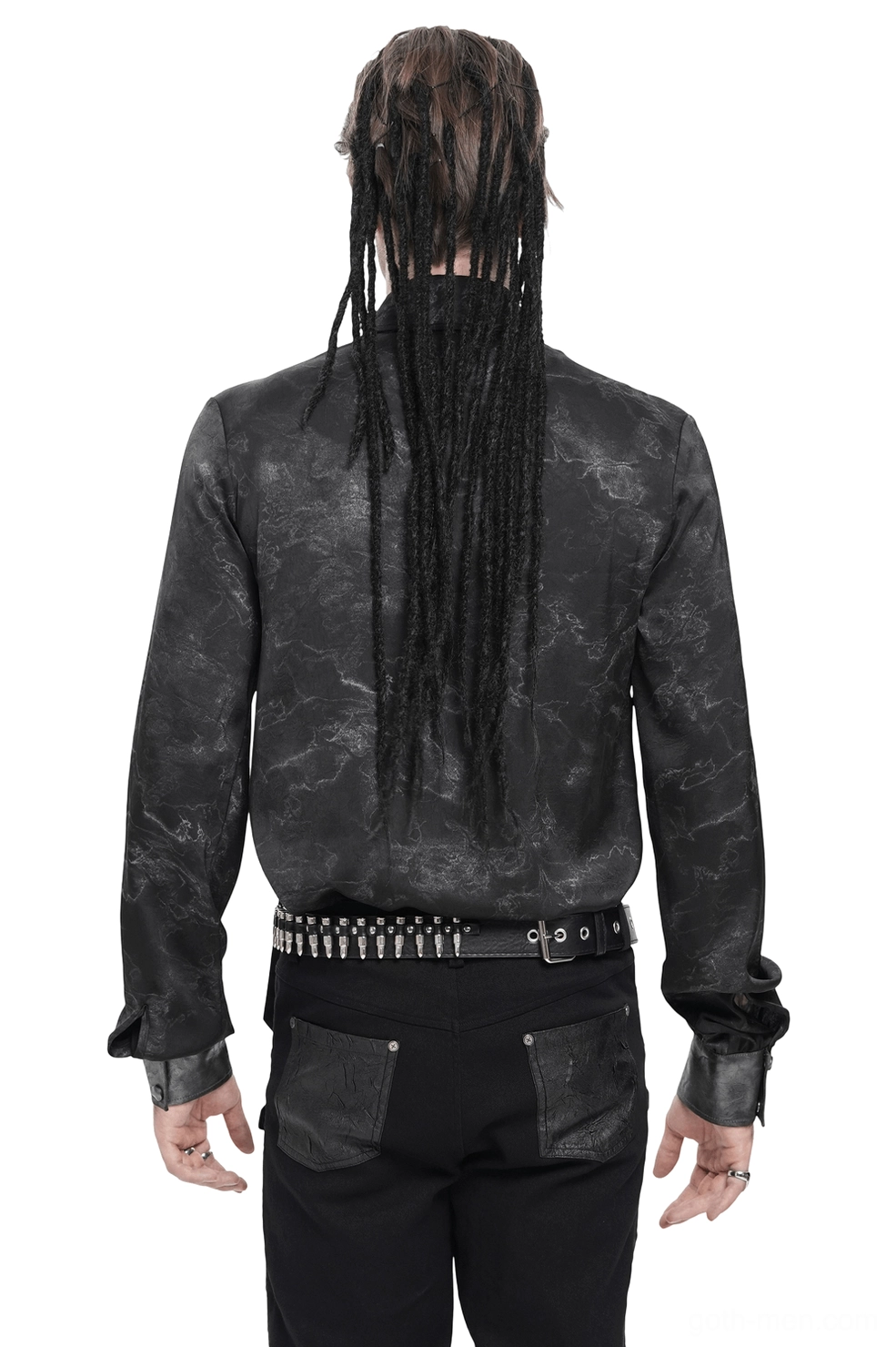 Model back view of asymmetrical PU leather harness gothic shirt with studded belt detailing