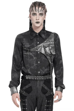 Male model wearing black asymmetrical PU harness gothic button-up shirt with marbled fabric, front full-body view
