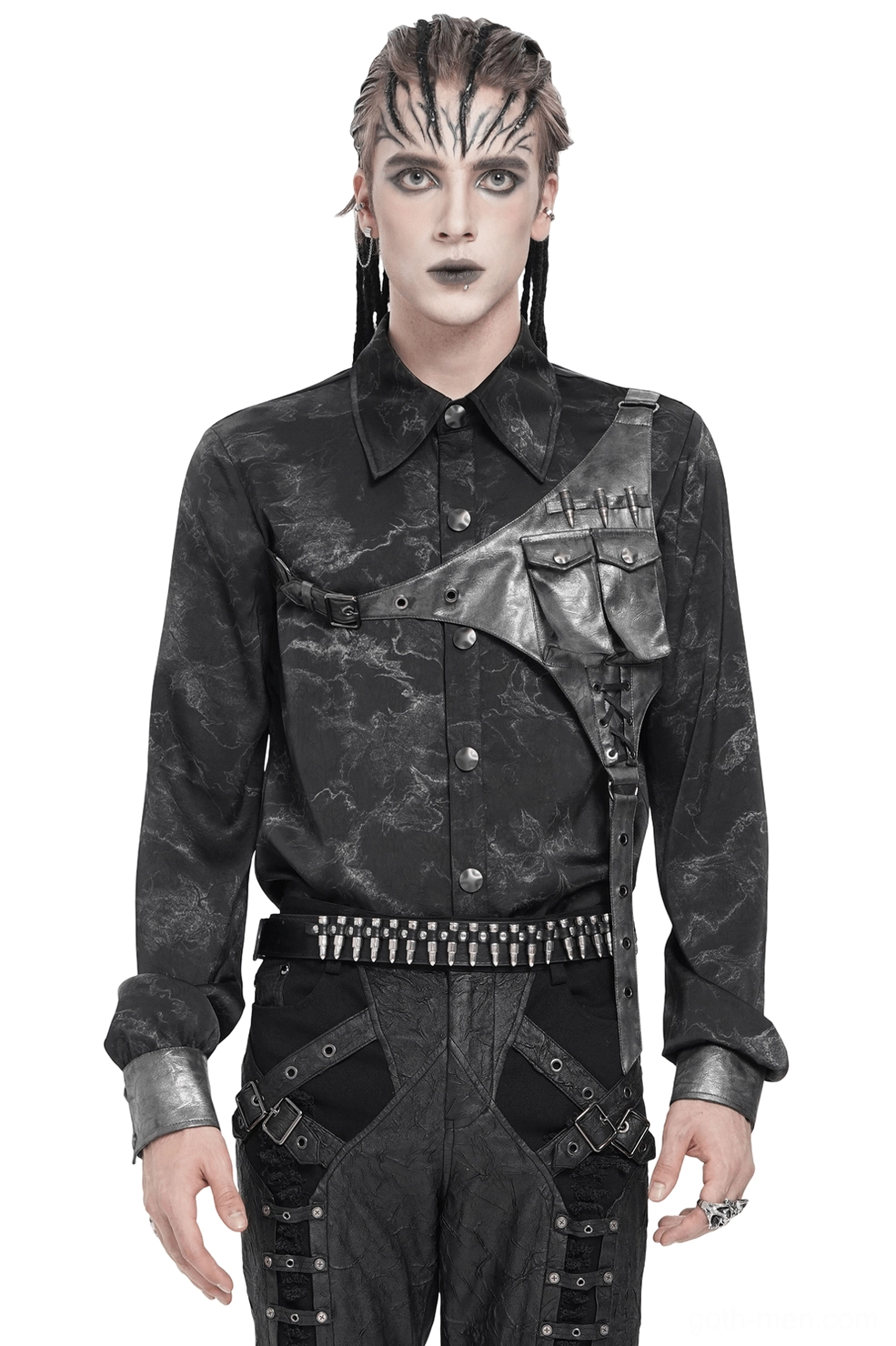 Male model wearing black asymmetrical PU harness gothic button-up shirt with marbled fabric, front full-body view