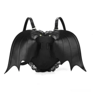 Black heart-shaped gothic backpack with bat wing silhouette and delicate lace trim, front flat lay view on white background