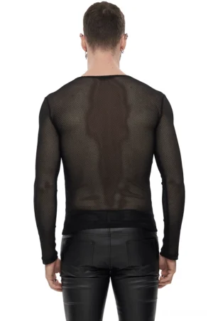 Men's black hexagonal mesh long-sleeve gothic top back view worn with black leather pants