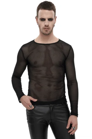 Men's black hexagonal mesh long-sleeve gothic top front view worn with black leather pants