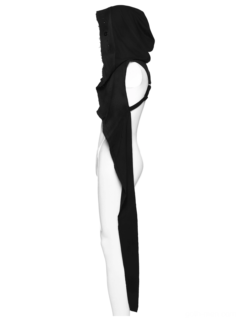Black cape vest sleeveless backless side profile showing vertical drape on mannequin