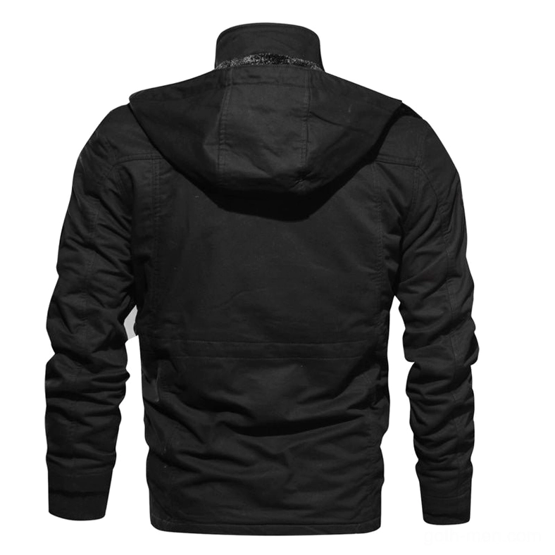 Pure black hooded fleece jacket with attached hood ribbed cuffs and hem back view