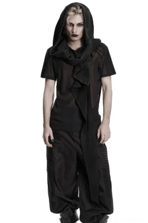 Black gothic hooded cape vest front view on male model - asymmetrical draped design with hood