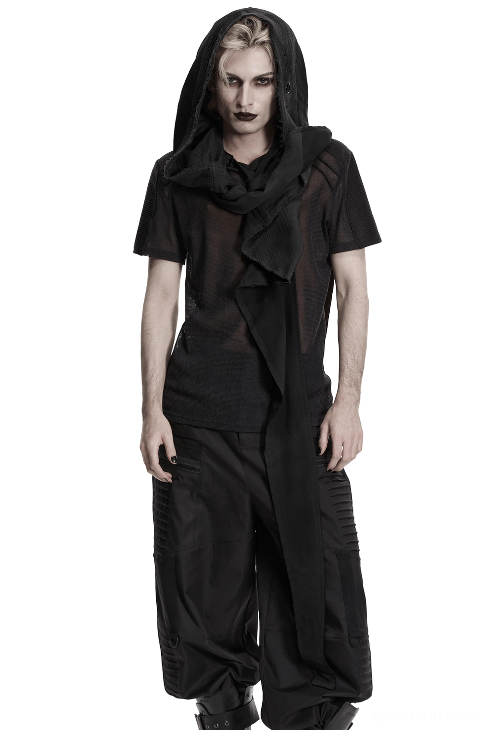 Black gothic hooded cape vest front view on male model - asymmetrical draped design with hood