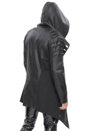 Back view of black hooded gothic coat showing ruched shoulders and tailored seams