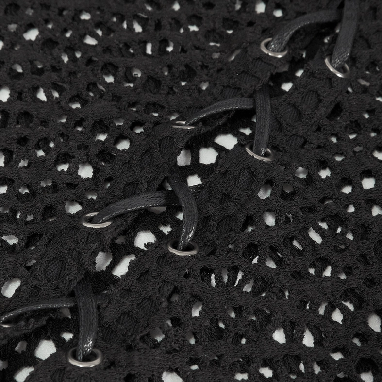 Men's black hollow mesh hooded top with asymmetrical lacing showcasing punk aesthetic styling