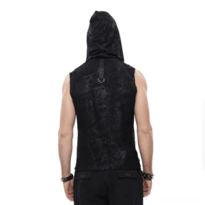 Rear view of black gothic hooded tank top with D-ring back detail and skull print mesh side panels on sleeveless punk design