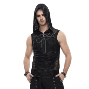 Front view of black hooded skull mesh chain tank top showing half-zip neckline and metal chain decorations on sleeveless gothic punk tank