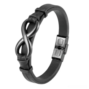 Black infinity leather bracelet for men with stainless steel clasp, front oblique view showing gothic design